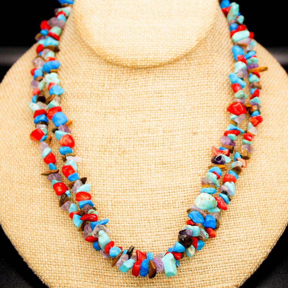 Vintage ATI 925 Sterling Silver Multi Gemstone Double Strand Beaded Necklace